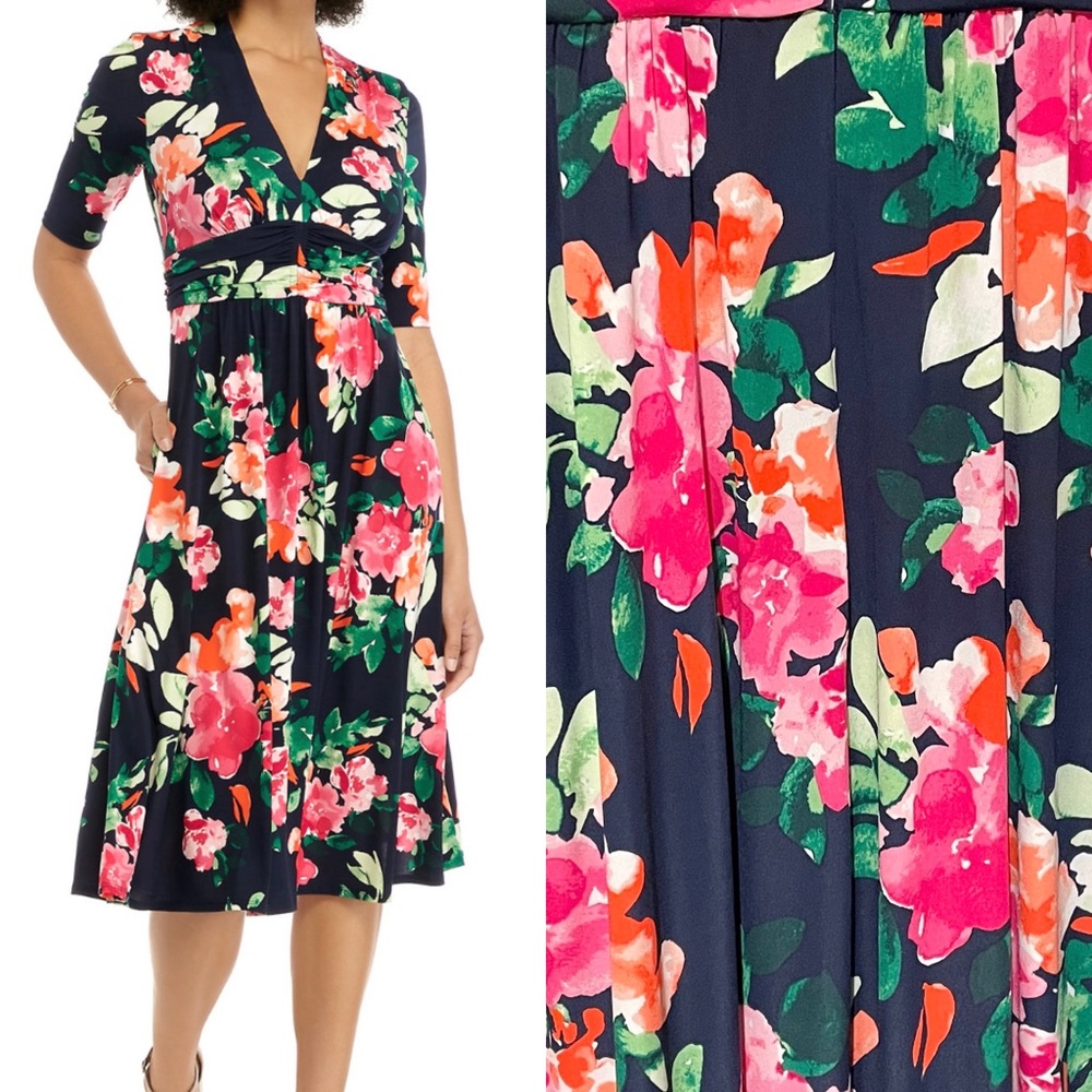 NWT Vince Camuto Floral MIDI Navy Pink Dress